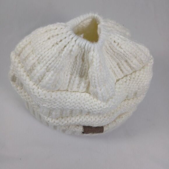 CC Womens OS Ponytail Messy Bun Beanie Ivory Knit Winter Hat Stretch Acrylic - Picture 5 of 6
